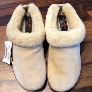 Haflinger tan suede fur-lined clogs/mules New!